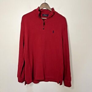 Polo‎ Ralph Lauren Men's Luxury 1/4 Zip Sweater Dark Red Large Blue Pony Cotton